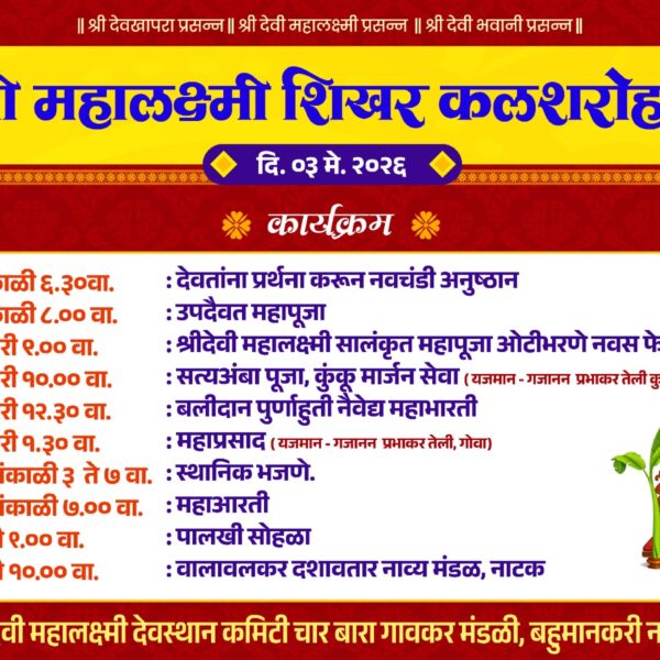 नारूर येथे श्री देवी महालक्ष्मीचा ‘शिखर कलशारोहण’ सोहळा