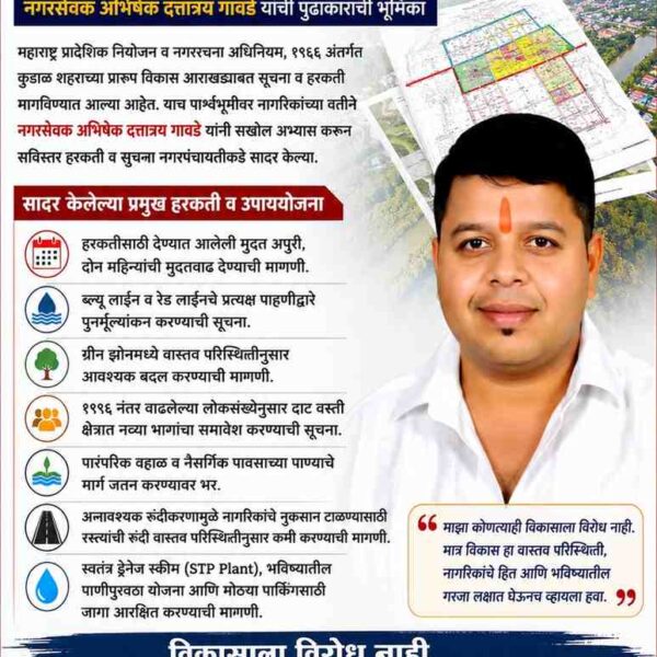 कुडाळ प्रारूप विकास आराखड्यावर नगरसेवक अभिषेक गावडे यांच्या अभ्यासपूर्ण हरकती